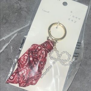 a new day Red Paisley Scarf Keychain / bag charm with Pearl Bead Accent
